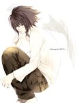  1boy absurdres angel_wings bangs black_hair brown_pants closed_eyes death_note feathered_wings from_side hair_between_eyes highres kamiyamana l_(death_note) long_sleeves male_focus medium_hair pants shirt simple_background single_wing solo spiked_hair thumb_to_mouth twitter_username white_background white_shirt white_wings wings 