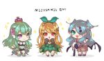  3girls :o animal animal_ears animal_on_back black_gloves blonde_hair blue_eyes blue_hair blush brown_hair chibi clothing_cutout crown dragon dragon_ears dragon_girl dragon_wings elira_pendora fairy fairy_wings finana_ryugu flower gloves green_hair green_skirt hair_flower hair_ornament hair_over_one_eye head_fins leaning_forward makiba_(makiba_oishii) multiple_girls navel navel_cutout nijisanji nijisanji_en one_eye_covered pikl_(elira_pendora) pomu_rainpuff purple_eyes purple_flower skirt smile sparkle spiked_bat wings 