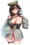  1girl belt black_belt black_hair blush braid braided_ponytail breasts brown_eyes cleavage dano eyebrows_visible_through_hair general_liu_(girls&#039;_frontline) girls&#039;_frontline hat highres large_breasts long_hair looking_at_viewer military military_hat military_uniform no_bra no_pants one-hour_drawing_challenge solo tears uniform white_background 