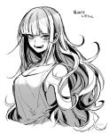  1girl alternate_hair_length alternate_hairstyle bangs blunt_bangs blush boku_no_hero_academia breasts cleavage collarbone commentary_request fangs greyscale long_hair looking_at_viewer medium_breasts monochrome open_mouth simple_background sketch smile solo takatsuki_ichi teeth toga_himiko translation_request upper_body very_long_hair white_background 