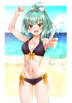  1girl :d absurdres aqua_hair arm_up bangs beach bickle_(bickle1983) bikini black_bikini blurry blurry_background blush border bow breasts cleavage cloud collarbone cowboy_shot eyebrows_visible_through_hair front-tie_bikini front-tie_top groin hair_bow high_ponytail highres kantai_collection long_hair looking_at_viewer medium_breasts navel ocean open_mouth outside_border shiny shiny_hair shiny_skin smile solo standing swimsuit white_border white_bow yellow_bow yellow_eyes yuubari_(kancolle) 