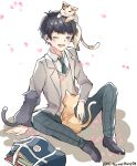  1boy animal_on_head bag black_footwear black_hair blazer blue_neckwear blush brown_cardigan brown_eyes cardigan cat cherry_blossoms collared_shirt commentary highres jacket kitsunehime01 matsuno_ichimatsu necktie notebook on_ground on_head one_eye_closed osomatsu-san osomatsu-san_the_movie school_bag shirt shoes short_hair smile solo twitter_username white_background white_shirt 