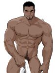  1boy abs bara bare_pectorals beard blush covering covering_crotch cowboy_shot dark-skinned_male dark_skin facial_hair highres jang_ju_hyeon large_pectorals looking_at_viewer male_focus male_pubic_hair mature_male muscular muscular_male naked_towel navel navel_hair nipples original pectorals penis pubic_hair short_hair sideburns smirk smug solo stomach thick_thighs thighs towel white_background 