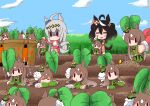  0_0 6+girls animal_ears basket black_hair brown_hair carrot_print chibi clone ear_ornament food_print hairband horse_ears horse_girl horse_tail kitasan_black leaf leaf_on_head motion_lines multicolored_hair multiple_girls oguri_cap_(umamusume) pikmin pikmin_(series) pun satono_diamond shaded_face silver_hair sleeves_past_wrists solid_oval_eyes tail tail_wagging tearing_up track_suit two-tone_hair umamusume white_hair 