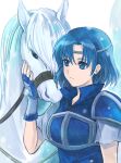  1girl akr369akr armor bangs blue_eyes blue_gloves blue_hair breastplate circlet closed_mouth fingerless_gloves fire_emblem fire_emblem:_the_binding_blade gloves hair_between_eyes hair_intakes horse short_hair short_sleeves shoulder_armor thea_(fire_emblem) upper_body white_background 