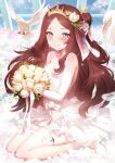  1girl animal bangs bare_shoulders bird blue_eyes blush bouquet breasts brown_hair cleavage commentary_request crown dress earrings elbow_gloves fate/grand_order fate_(series) flower gloves highres jewelry leonardo_da_vinci_(fate) leonardo_da_vinci_(rider)_(fate) long_hair looking_at_viewer m-da_s-tarou parted_bangs side_ponytail sitting small_breasts smile solo wariza wedding_dress white_dress white_footwear white_gloves 