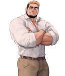  1boy bara beard beige_pants bulge crossed_arms facial_hair highres jang_ju_hyeon large_pectorals looking_at_viewer male_cleavage male_focus mature_male multicolored_hair muscular muscular_male original partially_unbuttoned pectorals raised_eyebrow shirt short_hair sleeves_rolled_up solo two-tone_hair white_shirt 