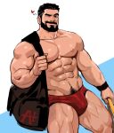  1boy abs bag bara bare_pectorals beard black_hair bulge facial_hair feet_out_of_frame highres jang_ju_hyeon large_pectorals looking_at_viewer male_focus male_swimwear mature_male muscular muscular_male navel navel_hair nipples one_eye_closed original pectorals pubic_hair pubic_hair_peek red_male_swimwear short_hair solo stomach swim_briefs thick_thighs thighs 