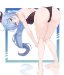  1girl absurdres ahoge ass bangs bare_shoulders bent_over blue_hair breasts diagonal_stripes eyebrows_visible_through_hair from_behind full_body ganyu_(genshin_impact) genshin_impact highres horns kneepits long_hair looking_at_viewer one-piece_swimsuit purple_eyes solo strigidae striped swimsuit 