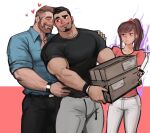  1girl 2boys aqua_shirt aura bara beard black_pants blush bulge carrying couple dark-skinned_male dark_skin facial_hair goatee grey_pants head_to_head highres holding holding_knife interracial jang_ju_hyeon jealous knife large_pectorals light_brown_hair male_cleavage mature_male meme multiple_boys muscular muscular_male mustache original package pants partially_unbuttoned pectorals pout raised_eyebrow shirt short_hair sideburns sleeves_rolled_up smile stomach tight tight_shirt track_pants wristband yaoi 