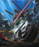  cloud dolla_(kikou_senki_dragonar) energy_sword ganzer ground_vehicle highres holding holding_sword holding_weapon kikou_senki_dragonar mecha motor_vehicle motorcycle official_art open_hand ryukow_masseau science_fiction shoulder_cannon sky solo sword weapon 