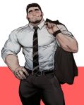  1boy bara beard belt brown_pants bulge collared_shirt facial_hair formal highres holding holding_clothes holding_jacket jacket jang_ju_hyeon large_pectorals looking_at_viewer male_focus mature_male muscular muscular_male necktie original pants pectorals shirt short_hair sleeves_rolled_up solo thick_eyebrows thighs tight tight_shirt white_shirt 