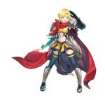  1girl absurdres amelia_(fire_emblem) armor bangs black_legwear blonde_hair blush breasts cape clenched_hand commentary_request elbow_gloves fire_emblem fire_emblem:_the_sacred_stones fire_emblem_heroes full_body gauntlets gloves green_eyes hand_up highres looking_at_viewer medium_breasts midriff navel official_art open_mouth red_cape shiny shiny_hair short_hair shoulder_armor simple_background skirt smile solo standing stomach taroji thighhighs toeless_footwear toes white_background zettai_ryouiki 