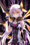  1girl :3 antenna_hair bare_shoulders black_gloves breasts cleavage elbow_gloves evil_smile gloves glowing glowing_eyes hair_ornament highres honkai_(series) honkai_impact_3rd kiana_kaslana kiana_kaslana_(herrscher_of_the_void) long_hair looking_at_viewer shaded_face smile solo uneven_gloves v-shaped_eyebrows white_gloves white_hair wings xiguaa_mocha yellow_eyes 