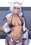  1girl absurdres animal_ears bangs belt bikini black_bikini black_hairband blue_eyes body_markings breasts caenis_(fate) cleavage collarbone commentary cropped_jacket cutoffs dark-skinned_female dark_skin denim denim_shorts dog_tags eyebrows_visible_through_hair fate/grand_order fate_(series) grin groin hair_between_eyes hair_intakes hairband highleg highleg_bikini highres jacket jacket_pull large_breasts long_hair long_sleeves looking_at_viewer navel off_shoulder open_belt open_clothes open_jacket open_shorts sakuya_(liao_kj) short_shorts shorts sidelocks single_bare_shoulder smile solo standing stomach studded_belt studded_jacket swimsuit teeth very_long_hair white_background white_hair 