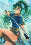  1girl akr369akr bangs black_gloves blue_dress boots brown_footwear closed_mouth cloud dress earrings fingerless_gloves fire_emblem fire_emblem:_the_blazing_blade floating_hair gloves green_eyes green_hair hair_between_eyes high_ponytail holding holding_sword holding_weapon jewelry katana knee_boots long_hair lyn_(fire_emblem) shiny shiny_hair short_sleeves side_slit smile solo sparkle standing standing_on_one_leg sword very_long_hair weapon 