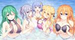  bikini blush breast_hold date_a_live hoshimiya_mukuro izayoi_miku long_hair murasame_reine natsumi_(date_a_live) swimsuit tagme_(character) tsubasaki water wink 