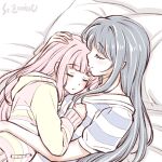  2girls animal_ears blue_hair cat_ears closed_eyes cuddling hand_on_another&#039;s_head hug long_hair magia_record:_mahou_shoujo_madoka_magica_gaiden mahou_shoujo_madoka_magica multiple_girls nanami_yachiyo pink_hair sleeping studiozombie tamaki_iroha yuri 