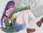  1girl antique_firearm bangs blue_shorts braid braided_ponytail brown_footwear commentary_request finger_gun firearm firelock flintlock green_jacket gun highres holding holding_gun holding_weapon jacket long_hair long_sleeves pink_eyes purple_hair raging_loop serizawa_chiemi shirt shoes short_shorts shorts sidelocks socks solo twitter_username weapon white_legwear yellow_shirt ykelo 