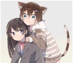  2girls :3 animal_ear_fluff animal_ears bangs black_hair blue_eyes bow bowtie brown_hoodie brown_jacket brown_skirt cat_ears closed_mouth collared_shirt commentary_request fish_hair_ornament fumino_tamaki green_eyes grey_background hair_between_eyes hair_ornament hairclip hand_on_another&#039;s_shoulder hood hoodie jacket long_hair long_sleeves looking_at_another multiple_girls nijisanji red_neckwear shirt short_hair simple_background skirt sleeves_past_wrists smile sou_(tuhut) striped striped_hoodie tail tsukino_mito white_shirt 