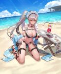  1girl absurdres armband bangs beach bikini black_bikini black_flower black_rose blush breasts broken broken_chain chain choker clarice_(evertale) cleavage cocktail_glass collar cuboon cup dagger drinking_glass evertale eyebrows_visible_through_hair flower highres juliet_sleeves kneeling knife large_breasts leg_strap legs_apart long_sleeves looking_at_viewer maid_bikini maid_headdress maid_swimsuit navel ponytail puffy_sleeves red_eyes ribbon rose sand sandals seductive_smile shell shiny shiny_skin silver_hair skindentation smile solo strap string_bikini sweat swimsuit thigh_ribbon thigh_strap thighs tiptoes tray water weapon wine_glass 