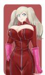  1girl bangs blue_eyes bodysuit breasts cleavage full-length_zipper gloves hand_on_hip highres large_breasts long_hair looking_at_viewer persona persona_5 pink_gloves pink_lips platinum_blonde_hair red_bodysuit skillkill solo swept_bangs takamaki_anne zipper 