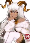  1girl absurdres animal_ears arknights bangs beeswax_(arknights) beeswax_(weisser_sand)_(arknights) belt black_shorts breasts chinese_commentary cleavage closed_mouth commentary crossed_bangs dark-skinned_female dark_skin eyebrows_visible_through_hair feng_yu_tiankong_zhu goat_ears goat_horns hair_between_eyes head_rest highres horns jacket legs_together light_smile long_hair long_sleeves looking_at_viewer medium_breasts off_shoulder official_alternate_costume open_clothes open_jacket short_shorts shorts simple_background sitting solo thighhighs thighs white_background white_hair white_jacket white_legwear yellow_eyes 
