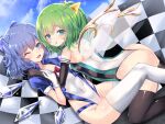  2girls :o ;d aqua_eyes ass back bare_shoulders black_gloves black_legwear blue_eyes blue_hair blue_jacket bow checkered checkered_flag cirno covered_navel cropped_jacket daiyousei elbow_gloves flag gloves green_hair groin habu_rin hair_bow highleg highleg_leotard jacket leotard looking_at_viewer multiple_girls one_eye_closed one_side_up open_clothes open_jacket open_mouth parted_lips race_queen short_hair short_sleeves smile thighhighs touhou white_gloves white_legwear white_leotard wings 