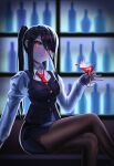  1girl alcohol bangs bar bartender commentary_request crossed_legs cup drinking_glass feet_out_of_frame geomiddang highres holding holding_cup indoors jill_stingray korean_commentary long_hair long_sleeves looking_at_viewer necktie pantyhose purple_hair purple_vest red_eyes red_neckwear shirt sidelocks sitting skirt solo twintails va-11_hall-a vest white_shirt wine wine_glass 