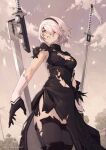  1girl black_dress black_legwear boots breasts cleavage cleavage_cutout clothing_cutout cloud dress gloves hairband katana medium_breasts mole mole_under_mouth navel nier_(series) nier_automata no_blindfold phrecklesart red_sky silver_hair sky sword thigh_boots thighhighs torn_clothes torn_dress torn_sleeves tree utility_pole weapon yorha_no._2_type_b 