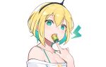  amano_pikamee blonde_hair breasts cleavage close green_eyes headband san_ke_yue_shi short_hair third-party_edit voms white 