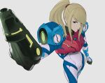  1girl arm_cannon arm_up arqa blonde_hair blue_eyes clenched_hand fisheye looking_at_viewer metroid metroid_dread ponytail power_suit samus_aran sidelocks weapon white_background 