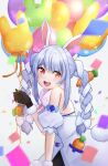  1girl :d absurdres animal_ear_fluff animal_ears balloon bangs black_gloves blue_hair bow braid bunny-shaped_pupils bunny_ears carrot_hair_ornament commentary_request confetti detached_sleeves don-chan_(usada_pekora) dress eyebrows_visible_through_hair food-themed_hair_ornament fur-trimmed_gloves fur_scarf fur_trim gloves hair_between_eyes hair_bow hair_ornament head_tilt highres holding holding_balloon hololive huge_filesize long_hair looking_at_viewer looking_to_the_side motion_blur multicolored_hair open_mouth orange_eyes pocket puffy_short_sleeves puffy_sleeves rabbit_girl sani_(saaanii) short_eyebrows short_sleeves sidelocks simple_background sleeveless sleeveless_dress smile solo sparkle standing swept_bangs thick_eyebrows twin_braids twintails two-tone_hair upper_teeth usada_pekora virtual_youtuber white_background white_bow white_dress white_hair 