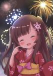  1girl absurdres blurry blurry_background blush bow brown_hair closed_eyes commentary_request eyebrows_visible_through_hair fang finger_to_cheek fireworks flower hair_flower hair_ornament highres japanese_clothes kimono long_hair long_sleeves obi original outdoors pink_bow red_kimono sash shinonome_meguri skin_fang smile solo two_side_up 