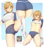  1girl alternate_costume ass bangs blue_background blue_shirt blue_shorts blush border breasts cameltoe closed_eyes clothes_lift cropped_legs earrings facing_down genderswap genderswap_(mtf) grey_border highres jewelry knee_up kneehighs large_breasts link looking_at_viewer multiple_views pointy_ears shirt shirt_lift short_sleeves shorts sparkle sport sportswear sweat the_legend_of_zelda the_legend_of_zelda:_breath_of_the_wild translation_request ttanuu. white_footwear white_legwear white_shirt 