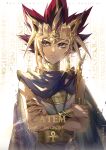  1boy ankh armlet artist_name atem backlighting black_hair blonde_hair blue_cape bracelet cape character_name closed_mouth collar commentary crossed_arms earrings egyptian_clothes ekita_kuro english_commentary english_text glint hieroglyphics highres jewelry looking_to_the_side male_focus metal_collar millennium_puzzle multicolored_hair purple_eyes red_hair ring serious sideways_glance solo spiked_hair upper_body yu-gi-oh! yu-gi-oh!_duel_monsters 