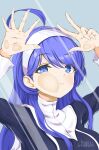  1girl against_glass ahoge bangs blue_background blue_eyes blue_hair chaesu eyebrows_visible_through_hair hairband hands_up highres long_hair long_sleeves looking_at_viewer orie_(under_night_in-birth) signature simple_background solo under_night_in-birth upper_body white_hairband 