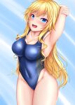  1girl absurdres arm_behind_head blonde_hair blue_eyes blue_swimsuit breasts cleavage commentary_request competition_swimsuit covered_navel cowboy_shot hachi7515 highleg highleg_swimsuit highres idolmaster idolmaster_cinderella_girls long_hair medium_breasts ohtsuki_yui one-piece_swimsuit open_mouth solo swimsuit upper_teeth 