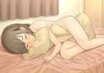  1girl bedroom between_legs blush brown_hair closed_eyes commentary_request completely_nude curtains eyebrows_visible_through_hair komaniwa_pumpkin long_hair lying masturbation nude on_bed on_side original parted_lips pillow pillow_hug pillow_sex sheet_grab solo 