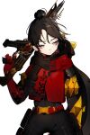  1girl animal_hood apex_legends assault_rifle black_bodysuit black_hair bodysuit cat_hood chain floating_hair gun hair_behind_ear hair_bun hellcat_wraith highres holding holding_gun holding_weapon hood hooded_jacket jacket looking_to_the_side miluchi over_shoulder red_jacket rifle silver_eyes solo weapon weapon_over_shoulder white_background wraith_(apex_legends) 