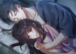  1boy 1girl black_hair breasts cleavage collarbone couple dutch_angle eyewear_removed futon glasses hand_grab hetero indoors izumi_(stardustalone) japanese_clothes kimono lying on_side pajamas purple_eyes renri_no_chigiri_wo_kimi_to_shiru sleeping tatami 