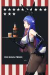  1girl animal_ears ass black_gloves black_legwear blue_hair bottle breasts bunny_ears bunny_tail cup drinking_glass elbow_gloves facial_mark fake_animal_ears fake_tail gloves grey_eyes highres holding holding_tray kantai_collection large_breasts long_hair multicolored_hair odachu one_eye_closed pantyhose red_hair shirt sleeveless sleeveless_shirt solo south_dakota_(kancolle) star_(symbol) tail thighhighs thighhighs_over_pantyhose tray white_hair white_shirt 