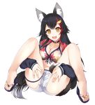  1girl animal_ear_fluff animal_ears black_collar black_hair breasts choker cleavage collar collarbone eyebrows_visible_through_hair hair_between_eyes highres hololive jacket large_breasts long_hair looking_at_viewer m_legs multicolored_hair navel ookami_mio open_clothes open_jacket open_mouth otaku_heishi red_hair short_shorts shorts solo spread_legs swimsuit tail tail_around_leg tail_wrap very_long_hair virtual_youtuber white_hair wolf_ears wolf_girl wolf_tail yellow_eyes 