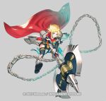  1girl amelia_(fire_emblem) arm_guards armor axe blonde_hair blue_legwear bob_cut cape chain clenched_teeth commentary_request copyright_name elbow_gloves eyebrows_visible_through_hair fire_emblem fire_emblem:_the_sacred_stones fire_emblem_heroes gauntlets gloves greaves green_eyes grey_background hip_armor holding holding_axe huge_weapon jumping miniskirt official_alternate_costume official_art pauldrons red_cape sandals short_hair shoulder_armor simple_background skirt solo taroji teeth thighhighs watermark weapon yellow_skirt zettai_ryouiki 