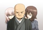  1boy 2girls bald bangs blue_eyes brown_eyes brown_hair dress_shirt eyebrows_visible_through_hair frown girls_und_panzer girls_und_panzer_gekijouban glaring gradient gradient_background grey_background grey_shirt hand_on_another&#039;s_shoulder haori insignia itsumi_erika japanese_clothes kamishima_kanon kodama_shichirou kuromorimine_school_uniform long_sleeves looking_back medium_hair multiple_girls nishizumi_maho open_mouth school_uniform shirt short_hair silver_hair wing_collar 