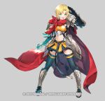 1girl amelia_(fire_emblem) arm_guards arm_up armor armpit_peek blonde_hair blue_legwear bob_cut cape clenched_hand commentary_request copyright_name elbow_gloves eyebrows_visible_through_hair fire_emblem fire_emblem:_the_sacred_stones fire_emblem_heroes gauntlets gloves greaves green_eyes grey_background happy hip_armor looking_at_viewer midriff miniskirt navel official_alternate_costume official_art open_mouth pauldrons pleated_skirt red_cape salute sandals short_hair shoulder_armor simple_background skirt smile solo taroji thighhighs underbust watermark yellow_skirt zettai_ryouiki 