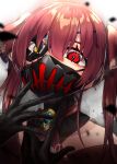  1girl absurdres amulet black_gloves commentary commentary_request covered_mouth eyepatch gloves hair_ribbon heterochromia highres hololive houshou_marine long_hair looking_at_viewer mask onigumo_zx red_eyes red_hair ribbon slit_pupils solo twintails virtual_youtuber white_background yellow_eyes 
