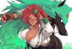 1girl 1other arrow_(symbol) blouse breasts brown_gloves cleavage dark-skinned_female dark_skin dondobi fangs fingerless_gloves from_side giovanna_(guilty_gear) gloves green_eyes guilty_gear guilty_gear_strive hand_on_own_head highres large_breasts pants recycling_symbol red_hair rei_(guilty_gear) short_hair simple_background straight_hair suspenders white_background white_blouse wolf 