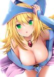  1girl :o absurdres arm_up bare_shoulders bent_over blonde_hair blue_headwear blush breasts brooch cleavage commentary dark_magician_girl gem green_eyes hand_on_headwear hanging_breasts hat highres jewelry kitora_(kisekinonameko) large_breasts long_hair looking_at_viewer off_shoulder open_mouth ruby_(gemstone) simple_background solo vambraces very_long_hair white_background wizard_hat yu-gi-oh! 
