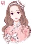  1girl 2017 apple_pencil black_eyes bow brown_hair curly_hair doodle dress forehead hair_bow hairband highres ipad korean_clothes korean_text lace_trim lolita_fashion lolita_hairband lolita_kimono original pink_dress pink_lips polka_dot polka_dot_bow polka_dot_trim portrait procreate_(medium) signature sketch solo tablet_pc test upper_body woohnayoung 